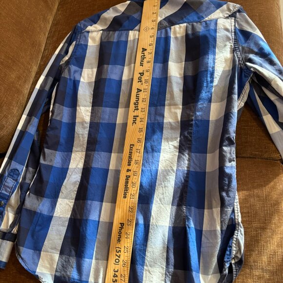 Mens Express LS Western Snap Plaid Shirt Blue & White Checkered Size M Vtg - Picture 7 of 9